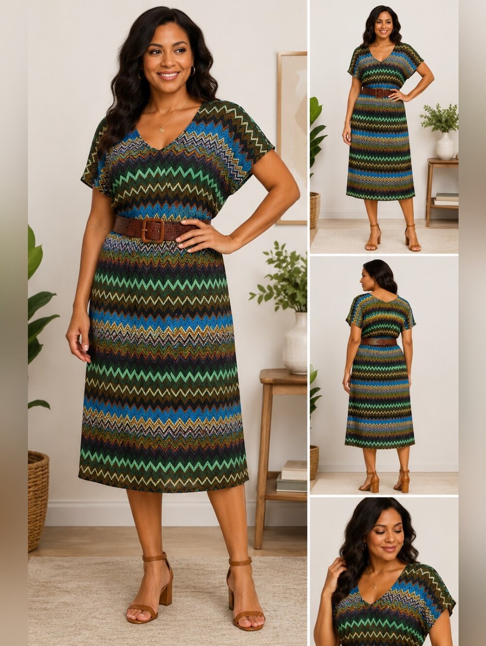 I.N. Studio Chevron Midi Dress w/ Belt Boho Multicolor, SIZE 22w, EUC